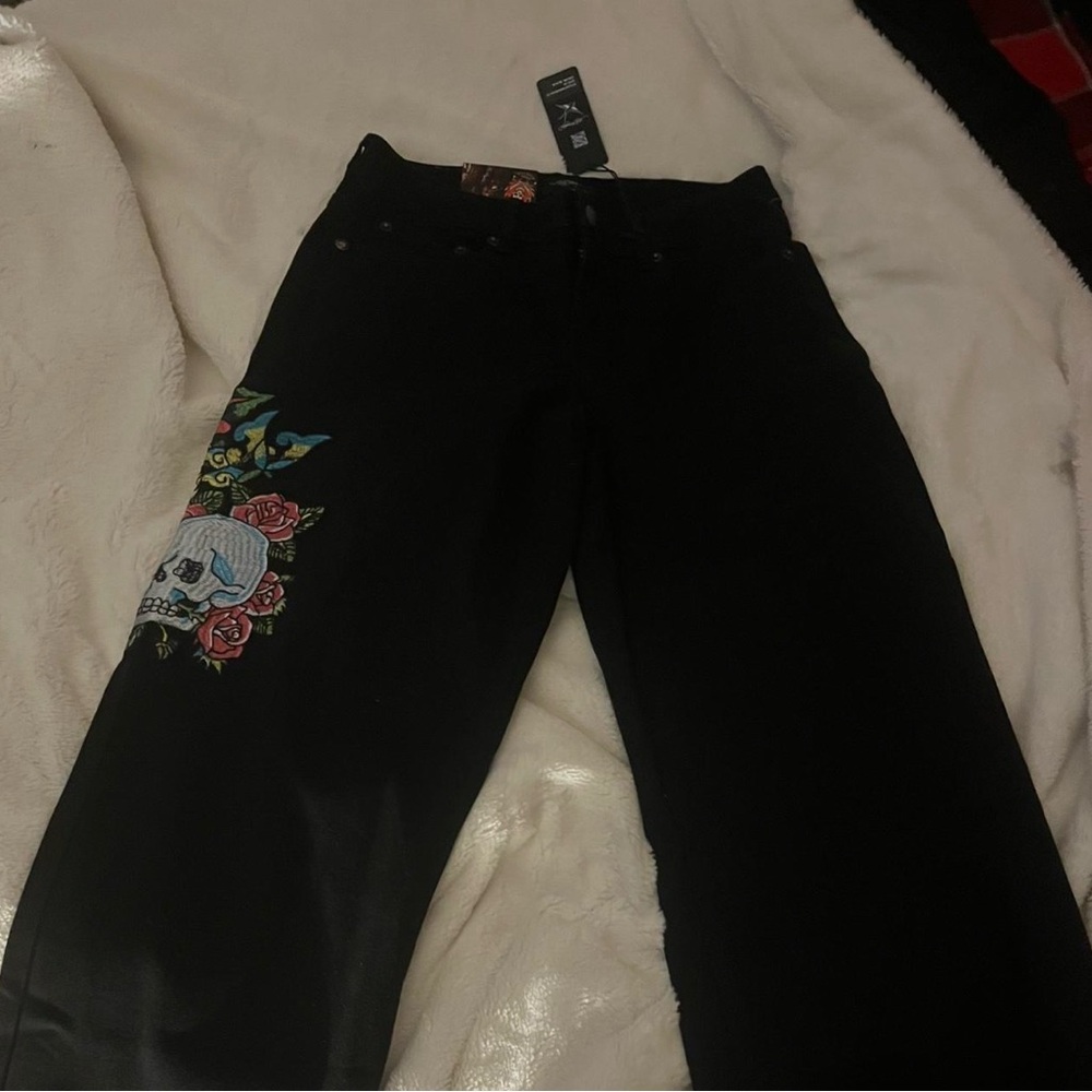 Ed Hardy Black Jeans with Colorful Skull Embroidery